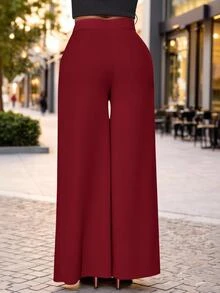 SHEIN Lady Women's Solid Color High Waist Split Hem Wide Leg Loose Long Pants Party Burgundy Summer Elegant - Burgundy - View 5