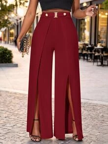 SHEIN Lady Women's Solid Color High Waist Split Hem Wide Leg Loose Long Pants Party Burgundy Summer Elegant - Burgundy - View 6