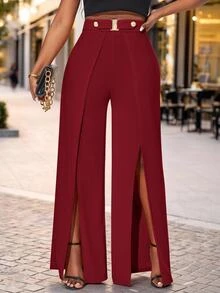 SHEIN Lady Women's Solid Color High Waist Split Hem Wide Leg Loose Long Pants Party Burgundy Summer Elegant - Burgundy - View 2