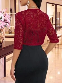 SHEIN Lady جاكيت نسائي خفيف الوزن بأكمام 3/4 مفتوح من الأمام قصير مزين بالدانتيل الزهري مناسب للمكتب والسهرات والعشاء في الخريف وحفلات الزفاف باللون الأحمر البرغندي الأنيق - عنابي اللون - مشاهدة 5