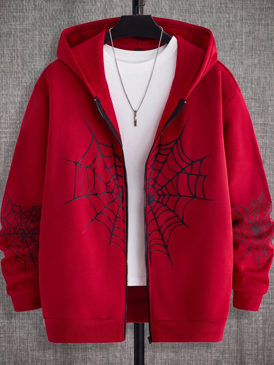 HIMLAND Loose Fit Men's Spider Web Print Zip Up Hoodie,Fleece,Oversized Pullover,Crew Neck Sweatshirt,Patchwork Sweatshirt Halloween Winter Party Autumn - Red - View 1