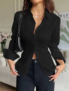 SHEIN EZwear 100%純棉休閒百搭款前鈕扣後收腰修身長袖襯衫，適合秋冬穿著 - 黑色 - 查看 2