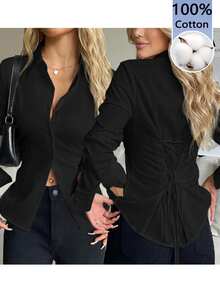 SHEIN EZwear 100%純棉休閒百搭款前鈕扣後收腰修身長袖襯衫，適合秋冬穿著 - 黑色 - 查看 9