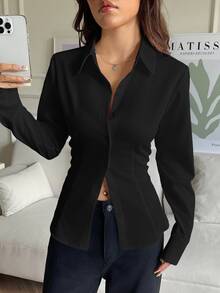 SHEIN EZwear 100%純棉休閒百搭款前鈕扣後收腰修身長袖襯衫，適合秋冬穿著 - 黑色 - 查看 5