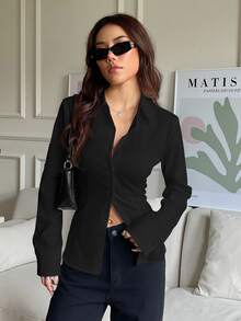 SHEIN EZwear 100%純棉休閒百搭款前鈕扣後收腰修身長袖襯衫，適合秋冬穿著 - 黑色 - 查看 8