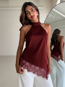 Aloruh Women's Lace Patchwork Casual Versatile Daily Wear Halter Neck Blouse - Burgundy - View 7