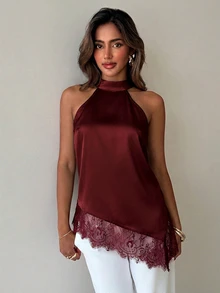 Aloruh Women's Lace Patchwork Casual Versatile Daily Wear Halter Neck Blouse - Burgundy - View 4