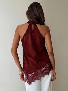 Aloruh Women's Lace Patchwork Casual Versatile Daily Wear Halter Neck Blouse - Burgundy - View 2
