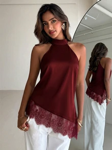 Aloruh Women's Lace Patchwork Casual Versatile Daily Wear Halter Neck Blouse - Burgundy - View 1
