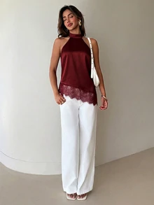 Aloruh Women's Lace Patchwork Casual Versatile Daily Wear Halter Neck Blouse - Burgundy - View 5