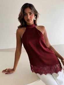 Aloruh Women's Lace Patchwork Casual Versatile Daily Wear Halter Neck Blouse - Burgundy - View 3
