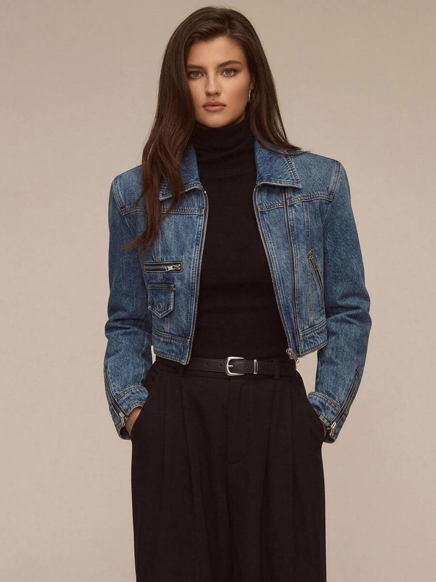 ATUI Studio Jaket Denim Kasual Serbaguna untuk Wanita, Cocok untuk Sehari-hari - Dark Wash - View 1