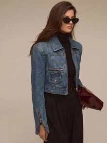 ATUI Studio Jaket Denim Kasual Serbaguna untuk Wanita, Cocok untuk Sehari-hari - Dark Wash - View 4
