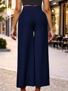 SHEIN Lady Women's Solid Color Split Design Casual Sexy Versatile Daily Wear Long Pants Party Navy Blue Summer - Navy Blue - View 2