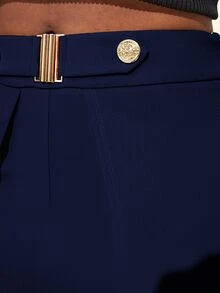SHEIN Lady Women's Solid Color Split Design Casual Sexy Versatile Daily Wear Long Pants Party Navy Blue Summer - Navy Blue - View 4