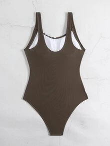 SHEIN Swim 1件装女士条纹印花圆领宽肩带简约休闲连体泳衣 - 咖啡棕 - 查看 7