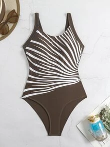 SHEIN Swim 1件装女士条纹印花圆领宽肩带简约休闲连体泳衣 - 咖啡棕 - 查看 6