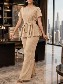 SHEIN Lady 女款優雅休閒棕色卡其色百褶荷葉邊上衣寬腿褲兩件套，適合秋冬夏季辦公工作、早午餐、外出、派對、感恩節、聖誕節 - 卡其色 - 查看 4