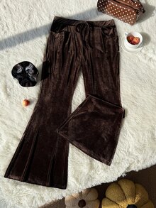 Comfortcana Plus Size Women's Solid Color Drawstring Waist Casual Versatile Everyday Long Pants - Camel - View 5