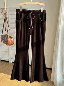 Comfortcana Plus Size Women's Solid Color Drawstring Waist Casual Versatile Everyday Long Pants - Camel - View 3