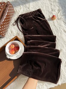 Comfortcana Plus Size Women's Solid Color Drawstring Waist Casual Versatile Everyday Long Pants - Camel - View 4