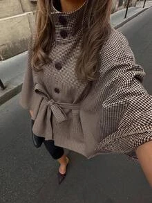 Siren Gaze 女款秋冬新款格紋披肩大衣 辦公室深棕色優雅法式 - 棕色 - 查看 6