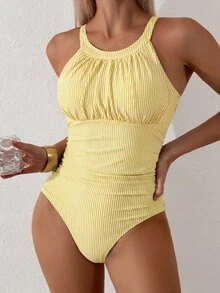SHEIN Swim 1件女款夏季度假海灘簡約風條紋針織面料粗肩帶抓皺收腰顯瘦連身泳衣 - 黃色 - 查看 5