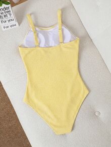 SHEIN Swim 1件女款夏季度假海灘簡約風條紋針織面料粗肩帶抓皺收腰顯瘦連身泳衣 - 黃色 - 查看 7
