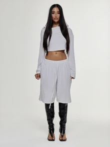 MUSERA Draped Cowl Front Hooded Loose Fit Cropped Long Sleeve Top With Drawstring Low Rise Longline Shorts Coord Set Light Grey Autumn Street - White - View 2