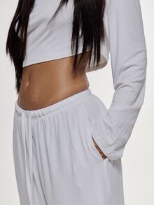 MUSERA Draped Cowl Front Hooded Loose Fit Cropped Long Sleeve Top With Drawstring Low Rise Longline Shorts Coord Set Light Grey Autumn Street - White - View 6