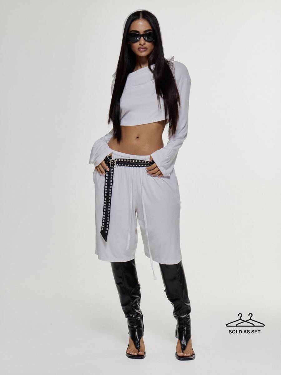 MUSERA Draped Cowl Front Hooded Loose Fit Cropped Long Sleeve Top With Drawstring Low Rise Longline Shorts Coord Set Light Grey Autumn Street - White - View 1