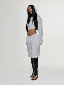 MUSERA Draped Cowl Front Hooded Loose Fit Cropped Long Sleeve Top With Drawstring Low Rise Longline Shorts Coord Set Light Grey Autumn Street - White - View 4