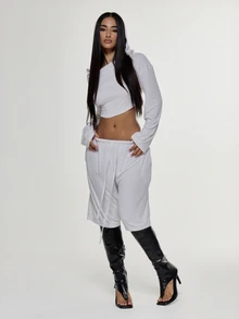 MUSERA Draped Cowl Front Hooded Loose Fit Cropped Long Sleeve Top With Drawstring Low Rise Longline Shorts Coord Set Light Grey Autumn Street - White - View 3