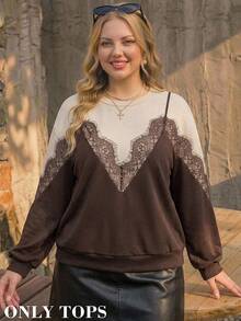 SHEIN MOD Plus Size Women's Contrast Lace 2 In 1 Crew Neck Casual Elegant Sweatshirt Formal High Tea Morning Brown Autumn - Brown - View 4