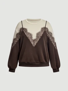 SHEIN MOD Plus Size Women's Contrast Lace 2 In 1 Crew Neck Casual Elegant Sweatshirt Formal High Tea Morning Brown Autumn - Brown - View 12