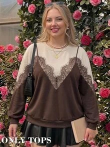 SHEIN MOD Plus Size Women's Contrast Lace 2 In 1 Crew Neck Casual Elegant Sweatshirt Formal High Tea Morning Brown Autumn - Brown - View 6