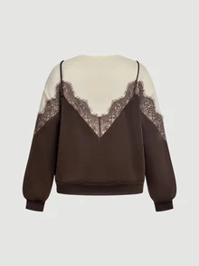 SHEIN MOD Plus Size Women's Contrast Lace 2 In 1 Crew Neck Casual Elegant Sweatshirt Formal High Tea Morning Brown Autumn - Brown - View 11