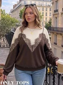 SHEIN MOD Plus Size Women's Contrast Lace 2 In 1 Crew Neck Casual Elegant Sweatshirt Formal High Tea Morning Brown Autumn - Brown - View 5
