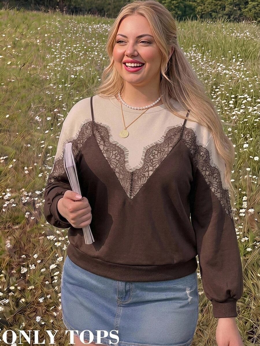 SHEIN MOD Plus Size Women's Contrast Lace 2 In 1 Crew Neck Casual Elegant Sweatshirt Formal High Tea Morning Brown Autumn - Brown - View 1
