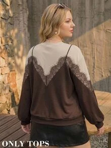 SHEIN MOD Plus Size Women's Contrast Lace 2 In 1 Crew Neck Casual Elegant Sweatshirt Formal High Tea Morning Brown Autumn - Brown - View 2
