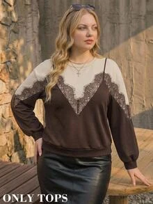 SHEIN MOD Plus Size Women's Contrast Lace 2 In 1 Crew Neck Casual Elegant Sweatshirt Formal High Tea Morning Brown Autumn - Brown - View 10