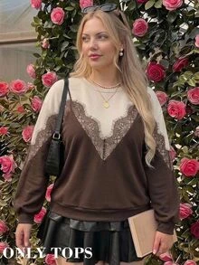SHEIN MOD Plus Size Women's Contrast Lace 2 In 1 Crew Neck Casual Elegant Sweatshirt Formal High Tea Morning Brown Autumn - Brown - View 7