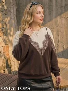 SHEIN MOD Plus Size Women's Contrast Lace 2 In 1 Crew Neck Casual Elegant Sweatshirt Formal High Tea Morning Brown Autumn - Brown - View 8