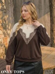 SHEIN MOD Plus Size Women's Contrast Lace 2 In 1 Crew Neck Casual Elegant Sweatshirt Formal High Tea Morning Brown Autumn - Brown - View 9