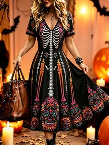 Breezaya Women's Mid-Length Dress Vacation Casual Print Skull Short Sleeve V-Neck Autumn And Winter - Multicolor - View 1