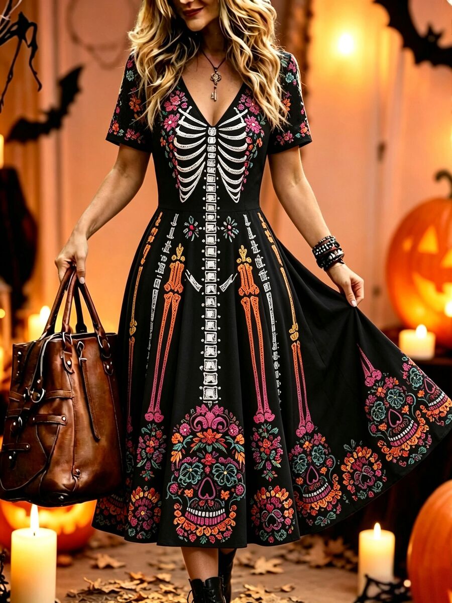 Breezaya Women's Mid-Length Dress Vacation Casual Print Skull Short Sleeve V-Neck Autumn And Winter - Multicolor - View 1
