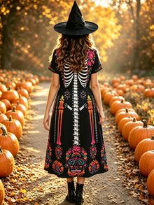 Breezaya Women's Mid-Length Dress Vacation Casual Print Skull Short Sleeve V-Neck Autumn And Winter - Multicolor - View 2