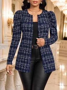 SHEIN Lady 女款優雅格紋印花前開襟大衣，適合婚禮、辦公室賓客、教師，冬季秋冬款，海軍藍 - 藏蓝色 - 查看 8