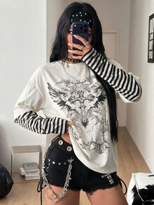 Coolane 女款秋季舒適保暖街頭風 Grunge 外出穿搭 白色圖案印花 大廓型黑色條紋長袖棉質短版T恤 - 白色 - 查看 4