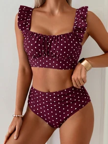Swim Basics 2pcs Women's White Polka Dot Summer Cute Retro Vintage Holiday Pool Party Elegant Ruffle Strap Pleated Top&High Waist Ruched Triangle Bottoms Set - Burgundy - View 4